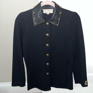 St John Collection Leather Collar Jacket Gold Studs, Buttons Black Knit Size 6